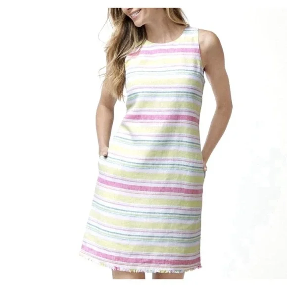 Tommy Bahama Tulum Linen Shift Dress S Coastal Resort Beach Striped Fringe - Picture 7 of 8